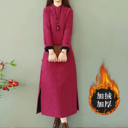 Chinese Retro Disc Button Plus Velvet Cheongsam Dress Women Winter Thick Jacquard Cotton And Linen Dres Long Female Robes M168x