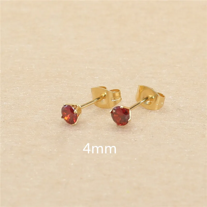 4mm 20 Colors For Choose AAA Zircons Stainless Steel Golden-color Stud Earrings No Fade Allergy Free