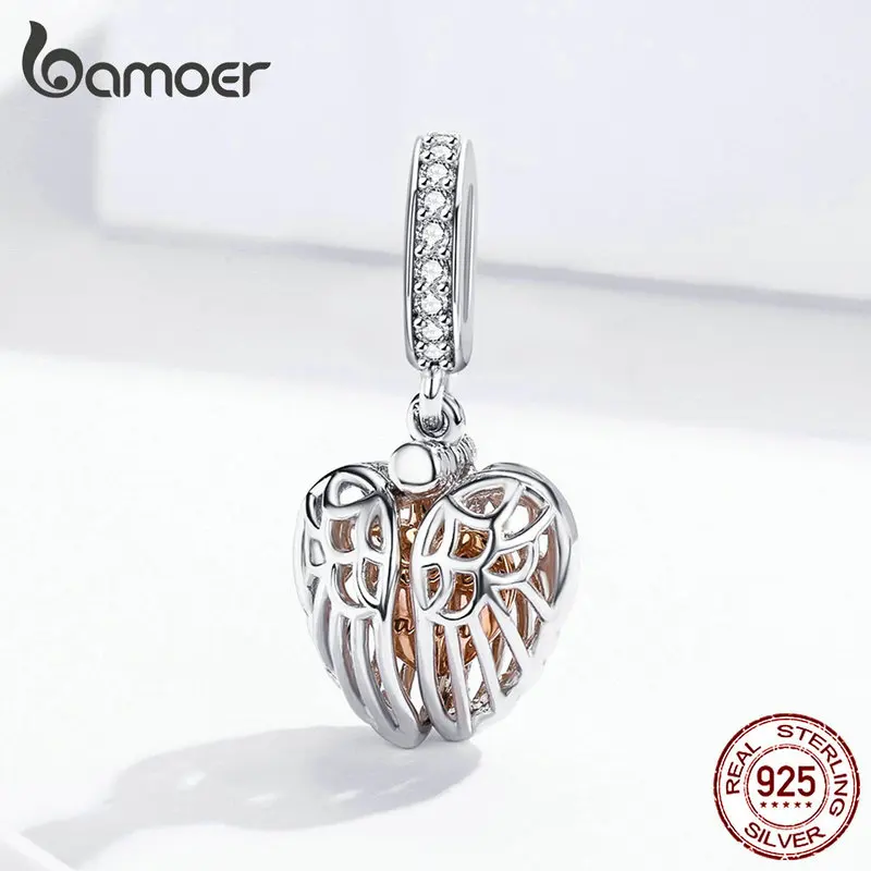 bamoer Guardian Wings Family Pendant Charm for Women Silver Bracelet Rose Gold Color Heart 925 Sterling Silver jewelry SCC1299