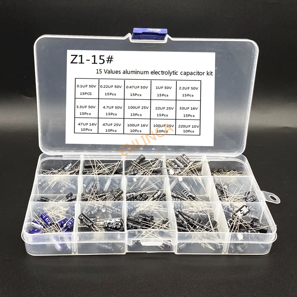 

200pcs/lot Radial capacitors set 15Values 10V 16V 25V 50V 0.1uF-220uF Electrolytic Capacitor Assortment Kit 0.22uf 2.2uf 100uf