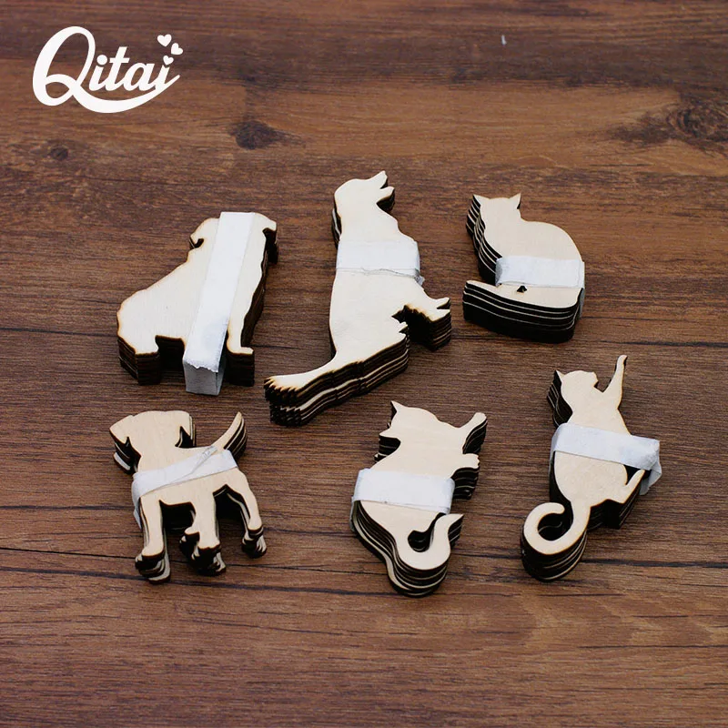 QITAI-Cat and Dogs Wooden Chip, Cute Animal Shapes, Home Decoration, DIY Scrapbooking Crafts, Pets, 24Pcs Set, WF244