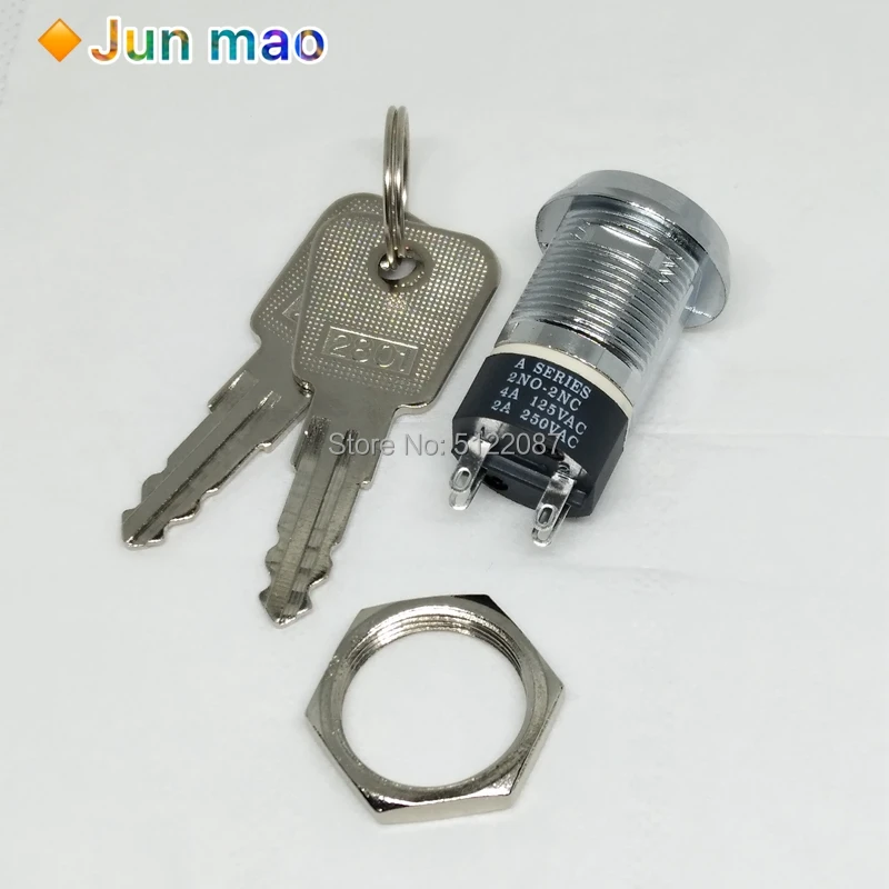 19mm Metal 4Pin ON-OFF 2Position DPST A Series Electronic Lock Key Switch 1801 2ON 2OFF Power switch 4A125VAC 2A250VAC