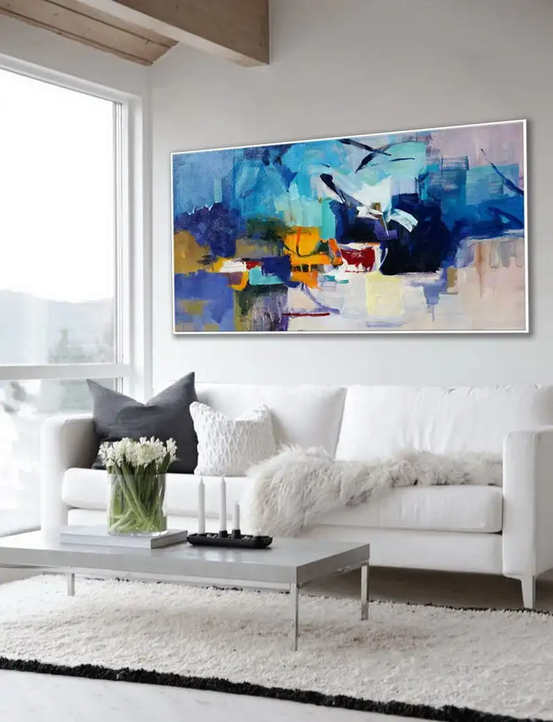 Colorful Blue Modern Contemporary Artwork Large Horizontal Panoramic Abstract Wall Art Brush Strokes Acrylic Painting On Canvas