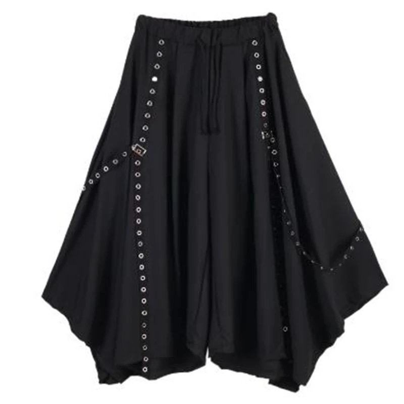 Pantalones de pierna ancha negros para hombres y mujeres, pantalones Harem góticos Punk de Japón, pantalones de falda Kimono, cinta oscura