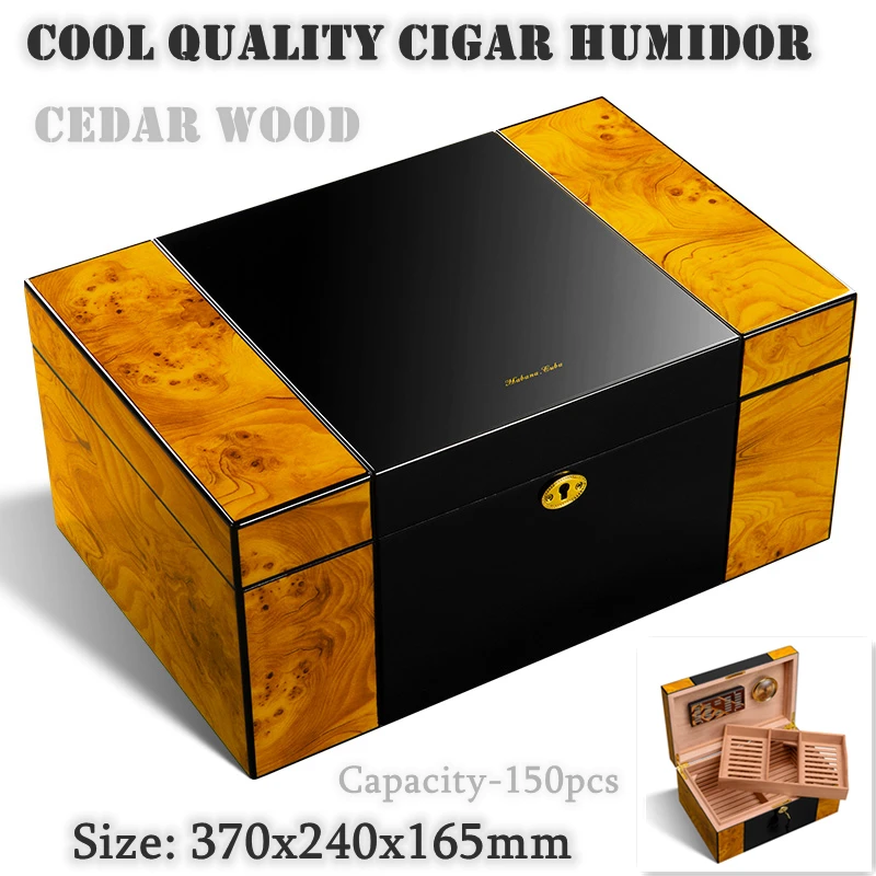 

370x240x165mm Portable Cigar Humidor High Capacity 150 Cigarette Box Natural CedarWood Cigar Cabinet Piano Paint Cigar Gift Case