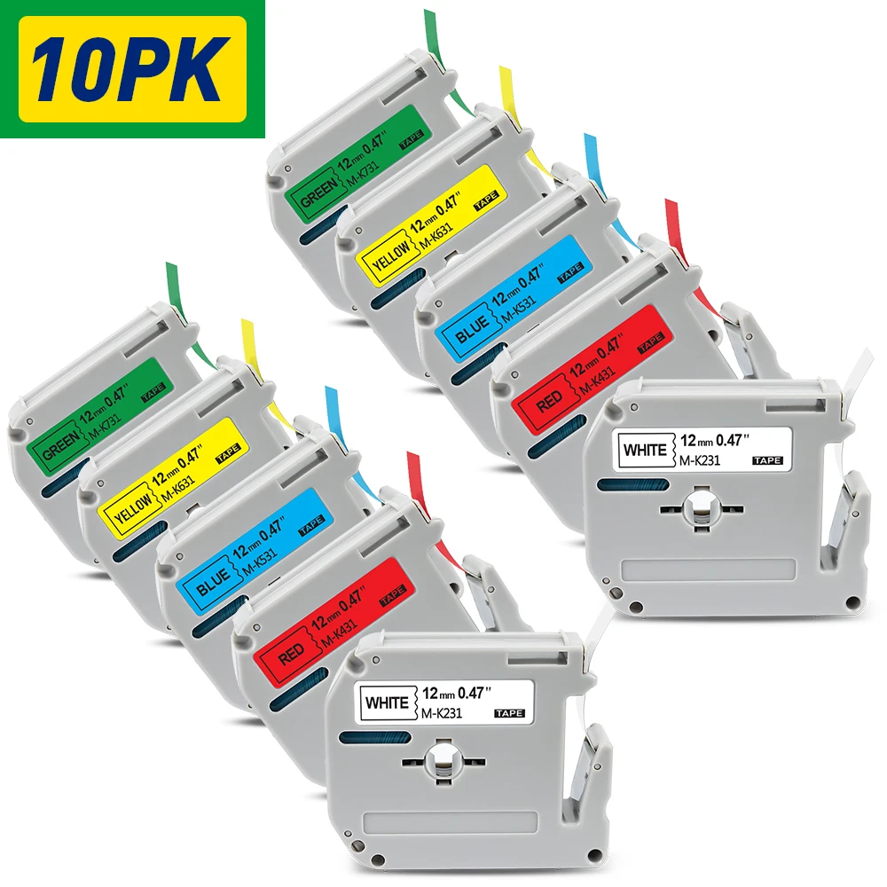 UniPlus 10PK 231 631 Color Set 9mm 12mm Compatible Brother MK Label Tape M-K231 for Brother PT-70 PT-80 PT-85 PT-90 Label Maker