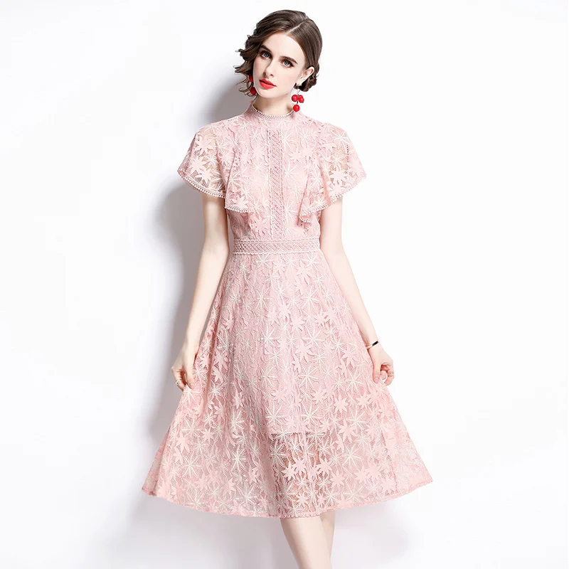 ZUOMAN verano de las mujeres de encaje elegante vestido de fiesta de alta calidad Rosa largo traje para fiesta de boda mujer pista de diseñador de Vestidos