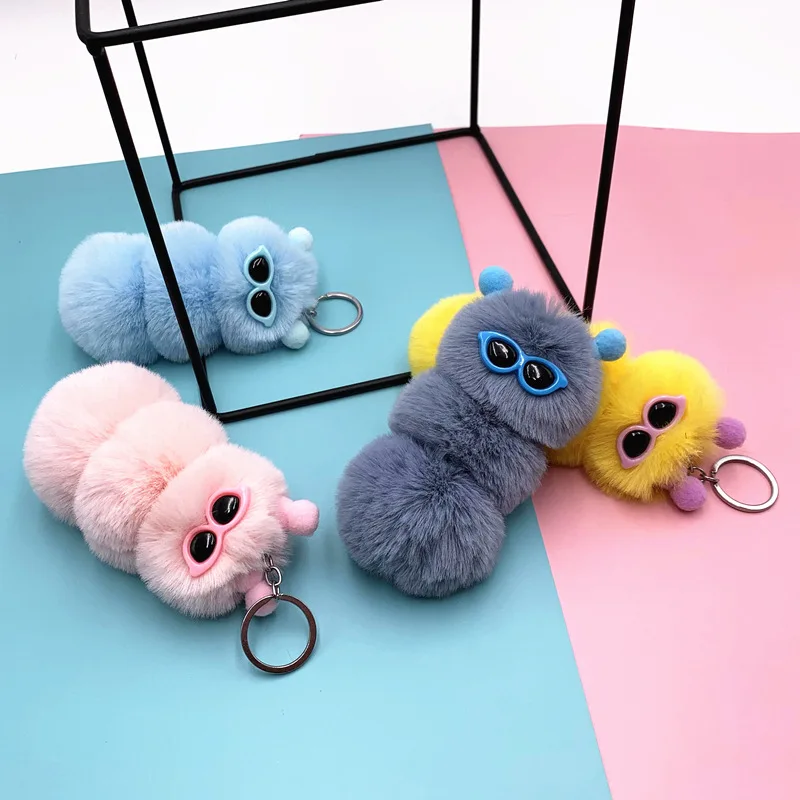 New Cute Caterpillar Keychain Cute Candy Color Cartoon Plush Bag Pendant Car Key Chain Accessories K4176