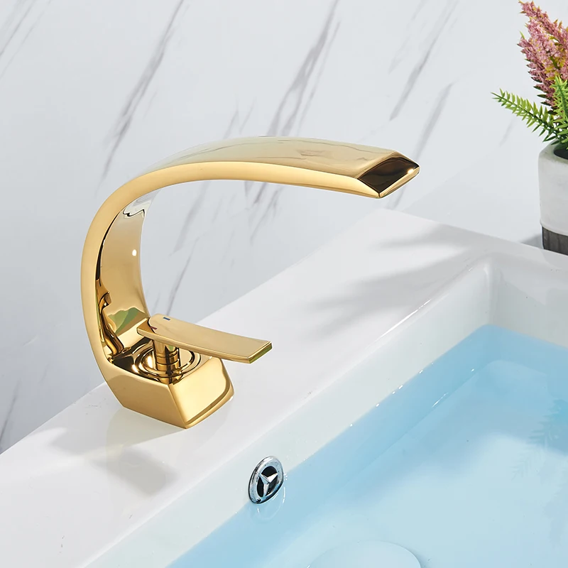 Polished Golden Bathroom Faucet Single Handle Hot Cold Mixier Tap Vanity Sink Faucet Deck Mount Crane