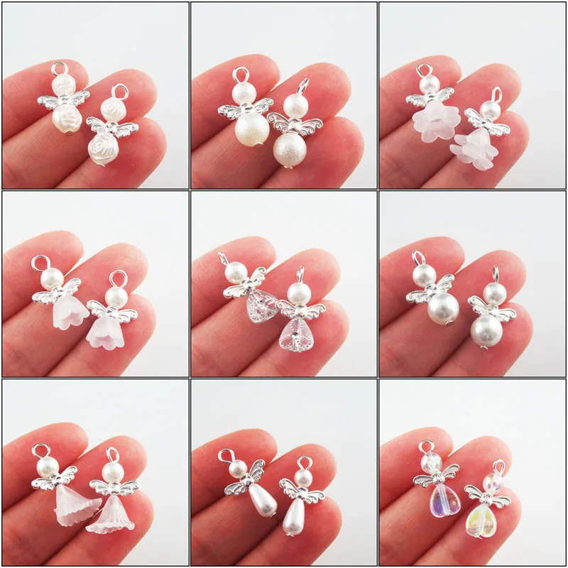 20Pcs/Lot White Dancing Heart Rose Flower Horn Acrylic Angel Silver Plated Wings Charms Pendants