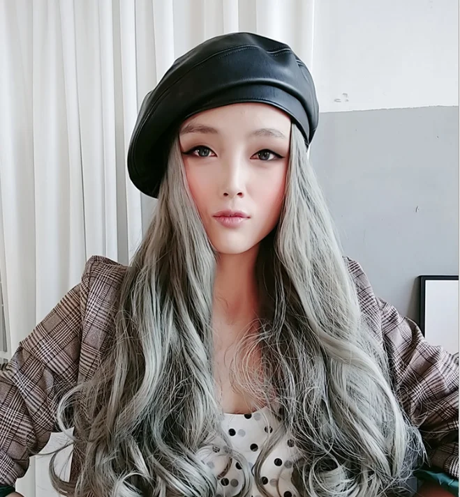 

Beret Women Spring Autumn Wig Hat Detachable Large Wave Long Hair Wool Foll Integrated Large Head Circumference Fashion Gray