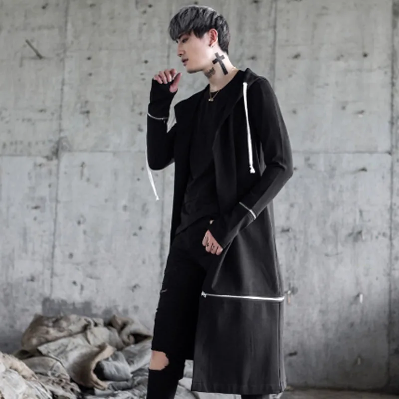 

Men's coat spring and autumn long hooded cape men's leisure long windbreaker nightclub DJ singer stage outfit punk hip-hop