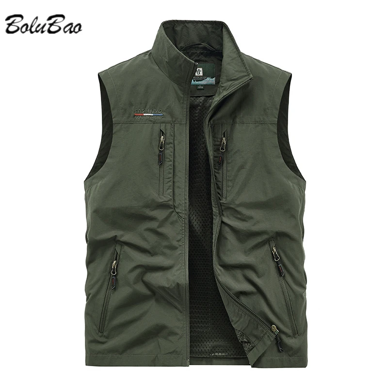 

BOLUBAO New Men's Leisure Vest Solid Color Tooling Style Waistcoat Thin Fishing Hiking Multi-Pocket Casual Loose Vest for Men