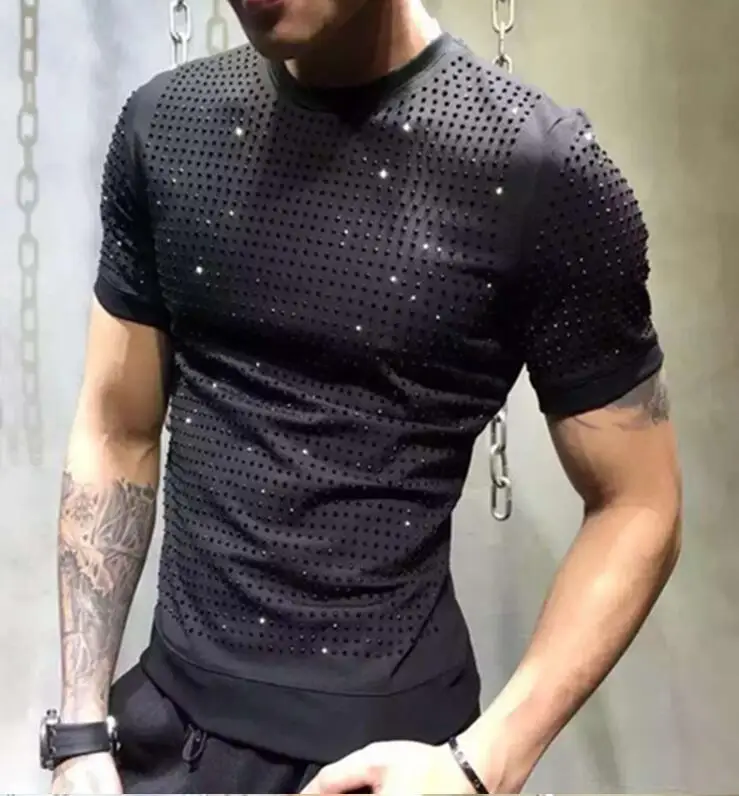 S-5XL Rhinestones Graphic T-shirt Streetwear men\'s short sleeve top quality man heavy industry Anime