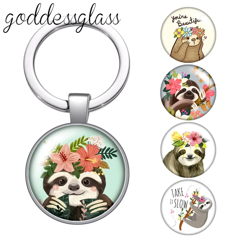 Cute sloth Flowers Drawings bradypod glass cabochon keychain Bag Car key chain Ring Holder Charms keychains gift