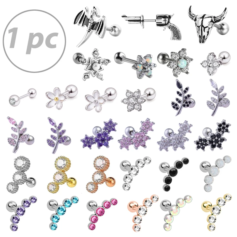 1PC Crystal CZ Helix Earrings Studs Ear Piercing 316l Surgical Steel Cartilage Earring 16G Tragus Conch Piercings for Women Punk