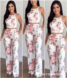 European and American women's full-frame floral tight-fitting sling top suit trousers woman cloth female two pieces set pants