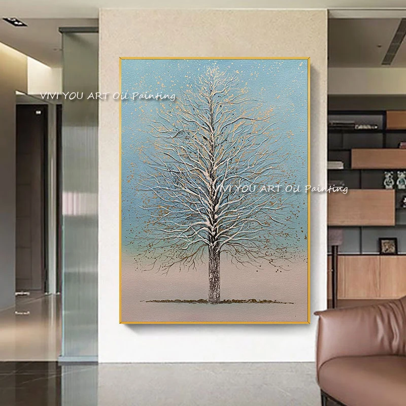 Winter Bare Tree Canvas, Gold Speck Pastel Background, Hand‑Painted Vertical Impasto Oil Painting For Serene Modern Entryway