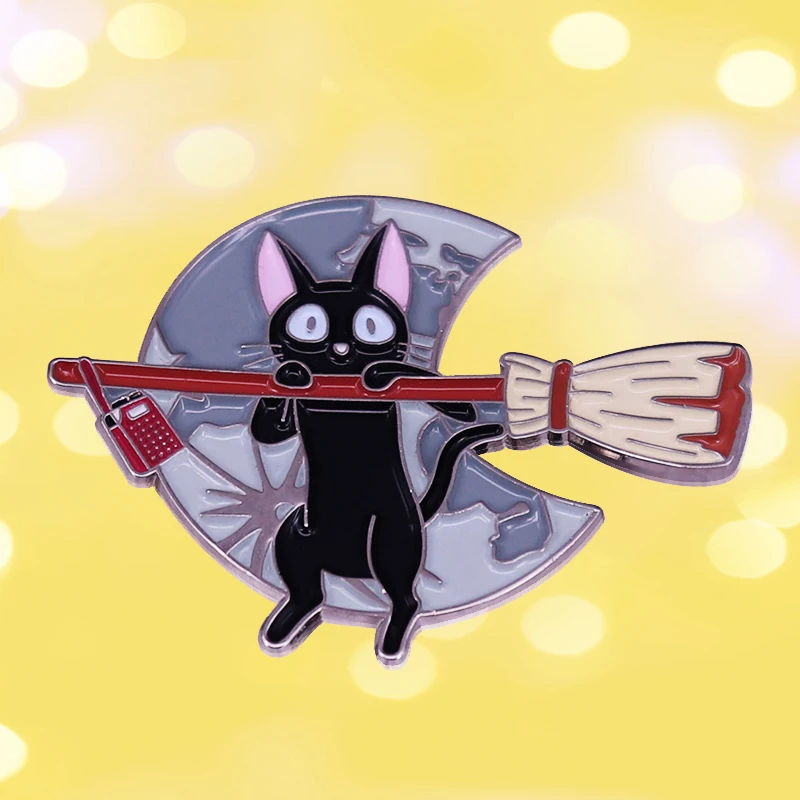 Kiki's Delivery Witch JIJI Cat Magic Broom Enamel Brooch Pins Badge Lapel Pin Alloy Metal Fashion Jewelry Accessories Gifts