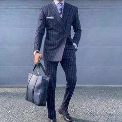 Navy Blue Pinstripe Male Suit 2021 Double Breasted Tuxedos for Men Slim Fit 2-Piece Formal Business Men Clothing Costume Homme