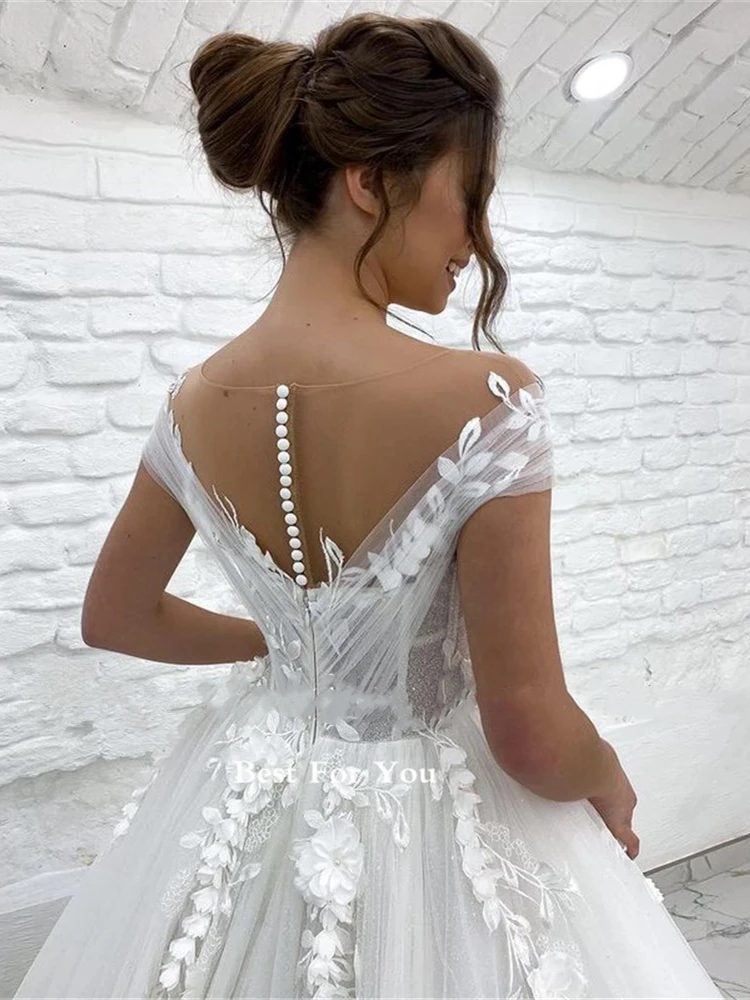 Robe De mariée longue en Tulle pour femmes, col transparent, avec traîne, manches en dentelle, avec boutons au dos