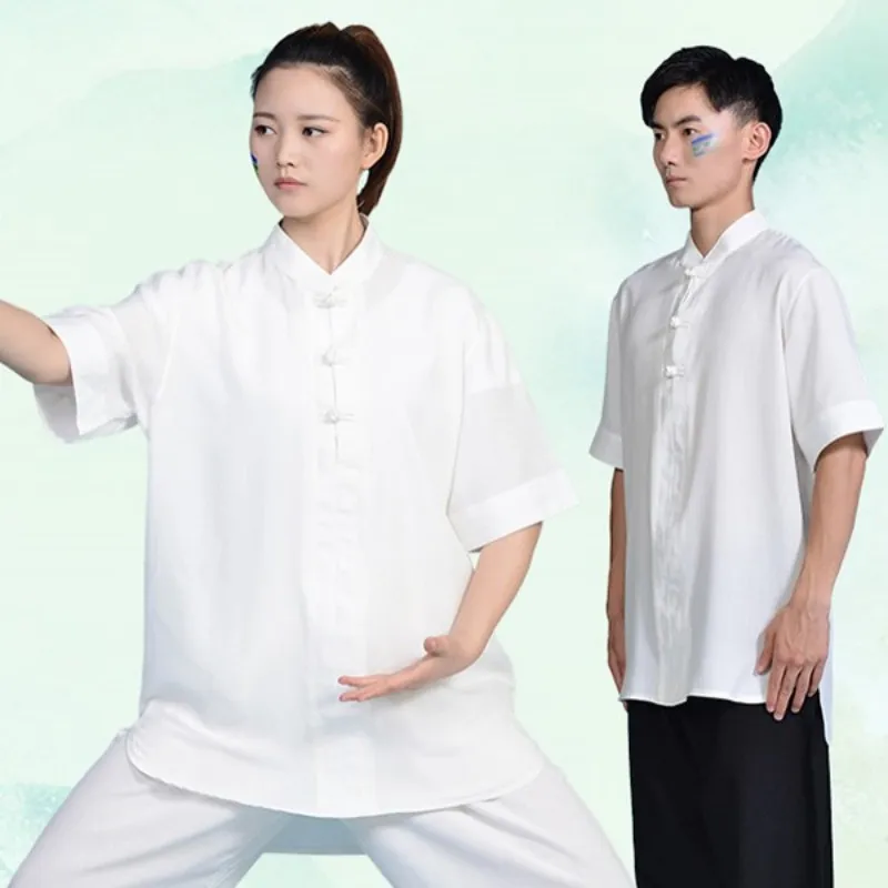 Thin Unisex Short Sleeve Kung Fu Shirt Martial Arts Cotton Linen Solid Color Wing Chun Tops Shirts Stand Collar Tai Chi Shirt