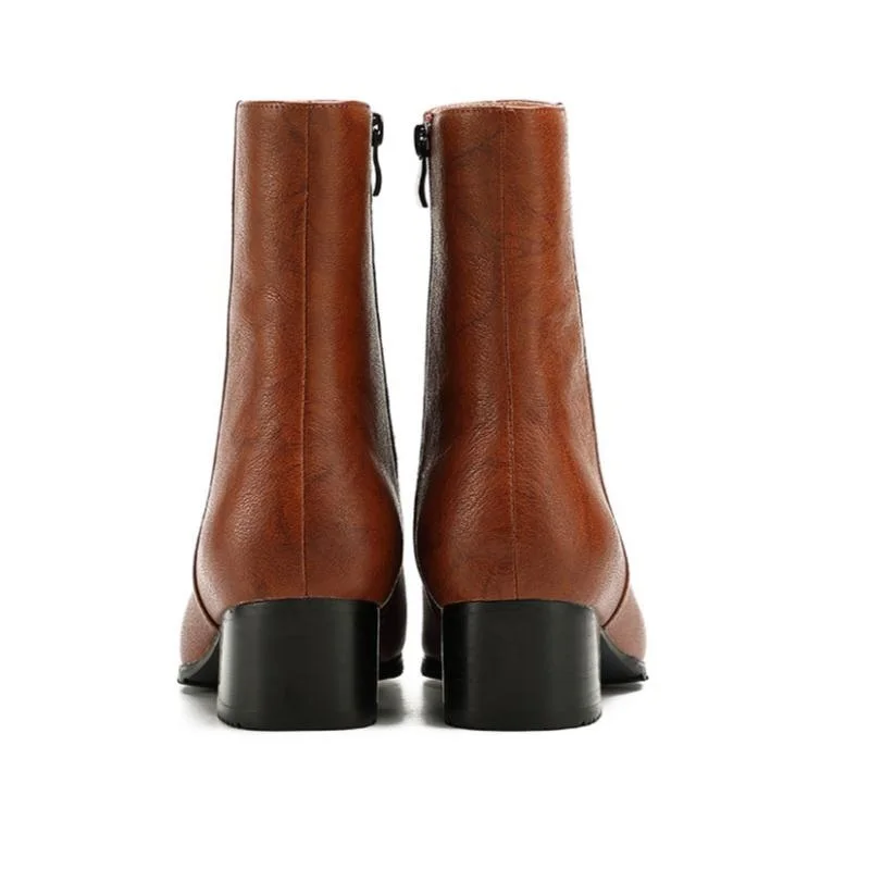 New Autumn Winter Quality Cow Leather Boots Men High Heels Business Office Work Chelsea Mid Boots Pointed Toe Warm Snow Boots