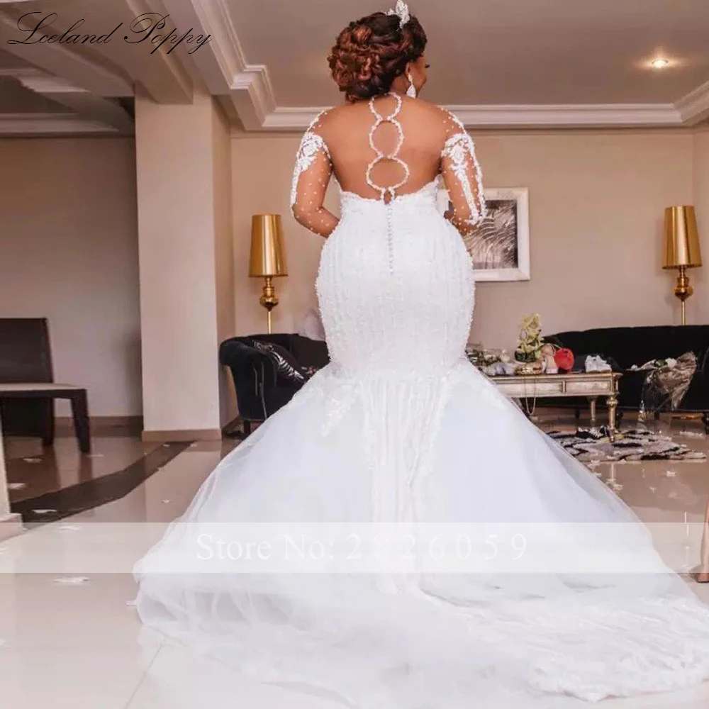 Lceland Poppy Customized Mermaid Lace Wedding Dresses Long Sleeves Pearls Beaded Floor Length Bridal Dress with Court Train