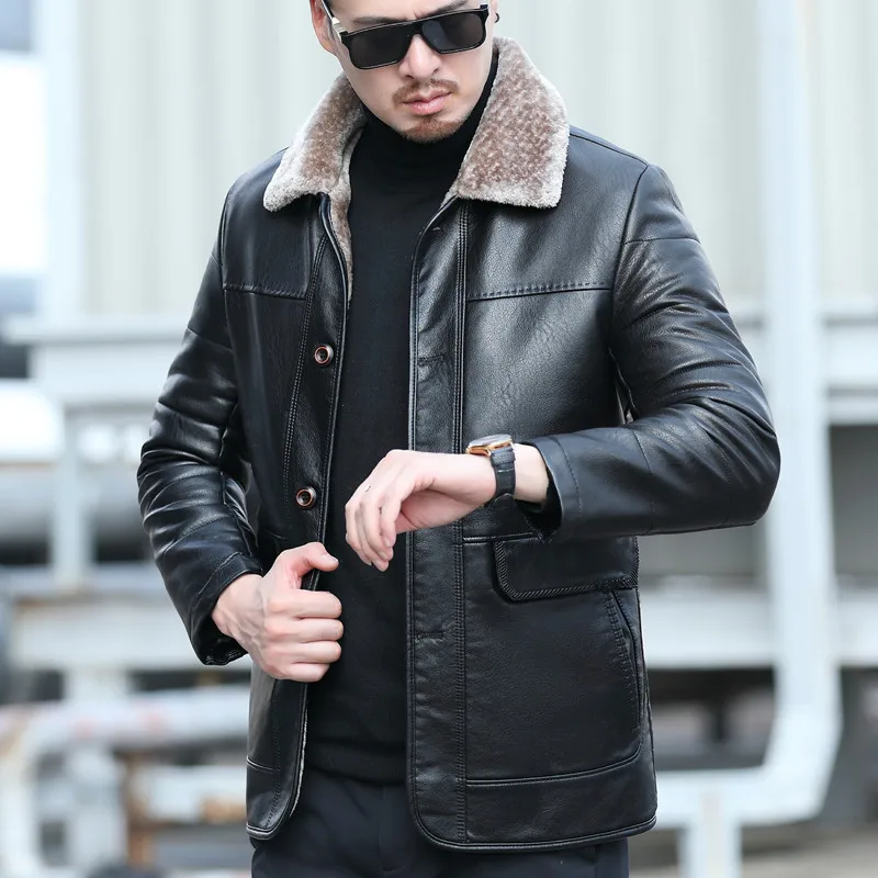 YX-838 Natural Leather Men's Autumn and Winter Sheepskin Casual Lapel Mid Length Business Leather Down Jacket Plus Size