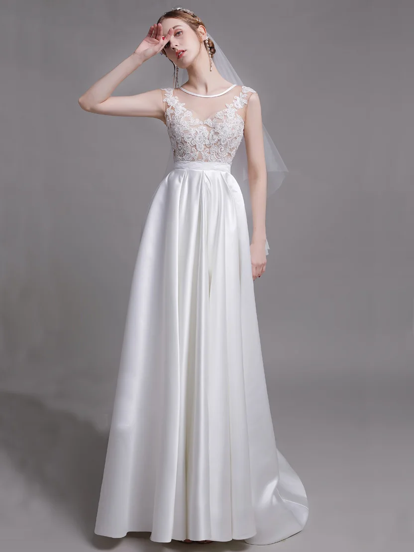 Beach Wedding Dresses 2020 Eva Lendel Bridal Lace Bodice Satin Skirt Jewel Neckline Sweep Train Wedding Gowns