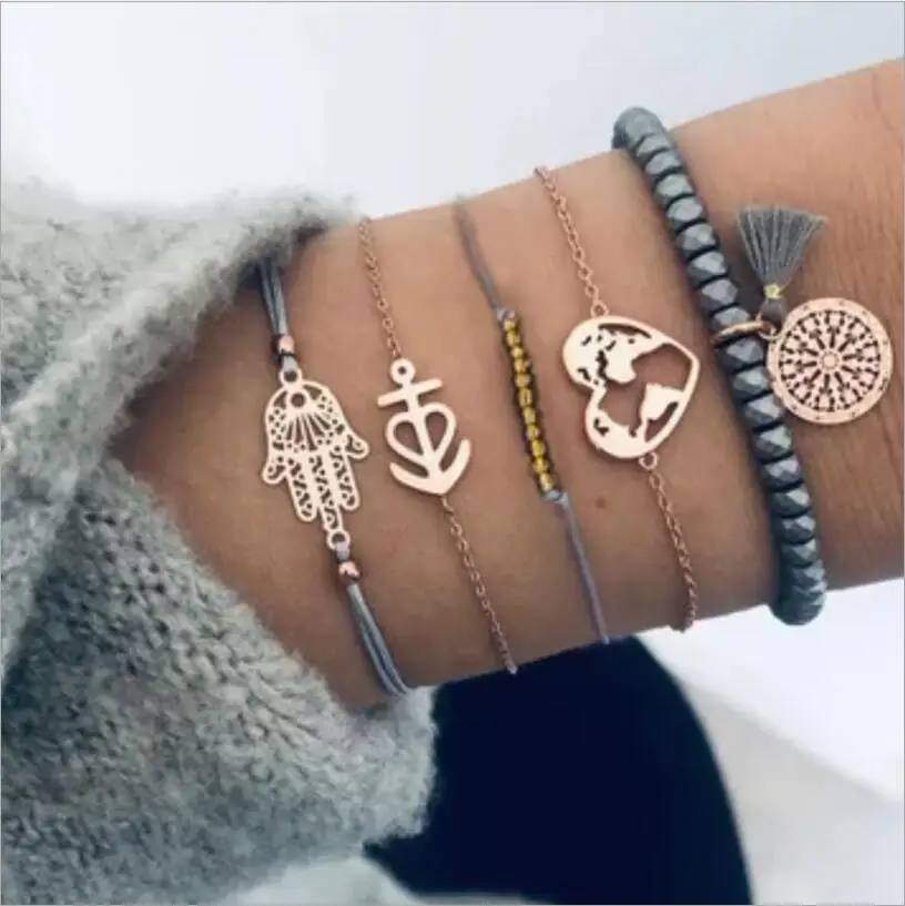 Pulsera multicapa Bohemia para mujer, brazalete con forma de corazón, hoja, Ola, Tortuga, letras, infinito, joyería, playa, Océano, venta al por mayor, S2316