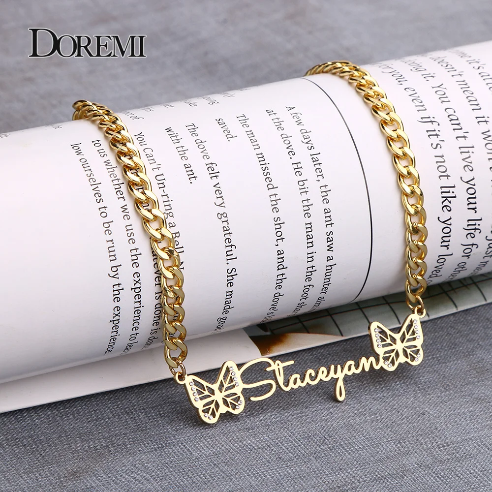 Cuban Chain Personalized Iced Out Name Necklace&Pendant Butterfly Custom  Stainless Steel Zirconia Hip Hop Nameplate Jewelry Men