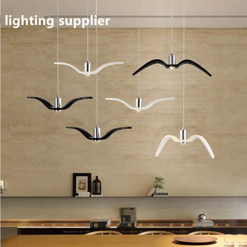 

Nordic Creative Seagull Pendant Lights Black White LED Pendant Lamp Bar Dinning Room Suspension luminaire Kitchen Light Fixtures