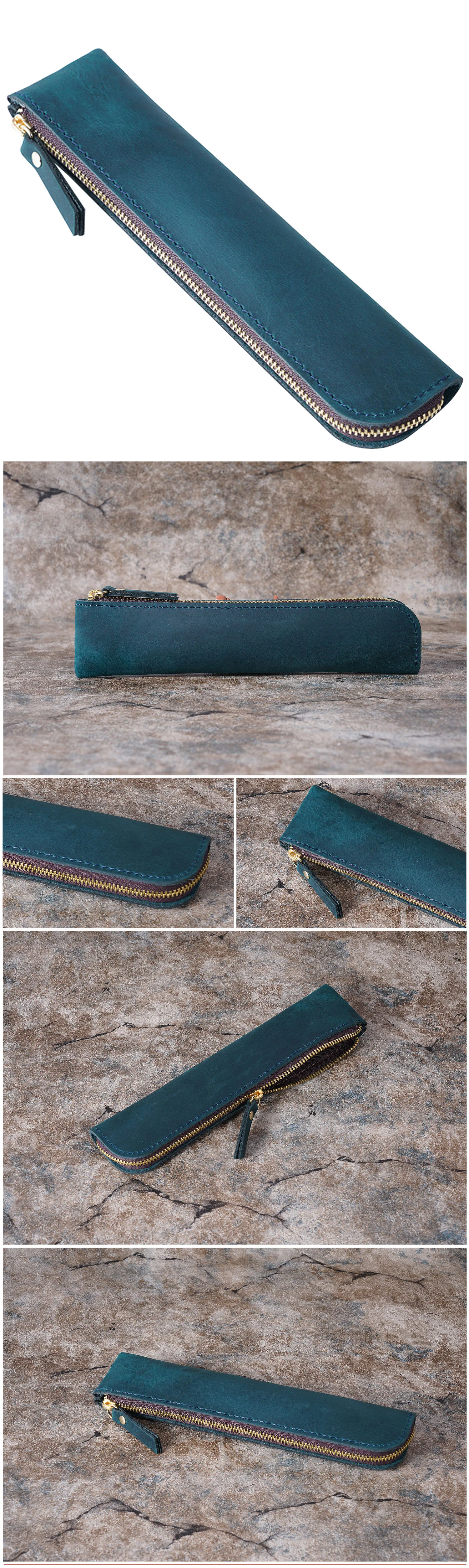 Tragbares Federmäppchen aus echtem Rindsleder, Retro-Leder, Stifttasche, Aufbewahrungstasche für Stifte, Schreibwarenhalter, Schule, Bürobedarf – Detail 6