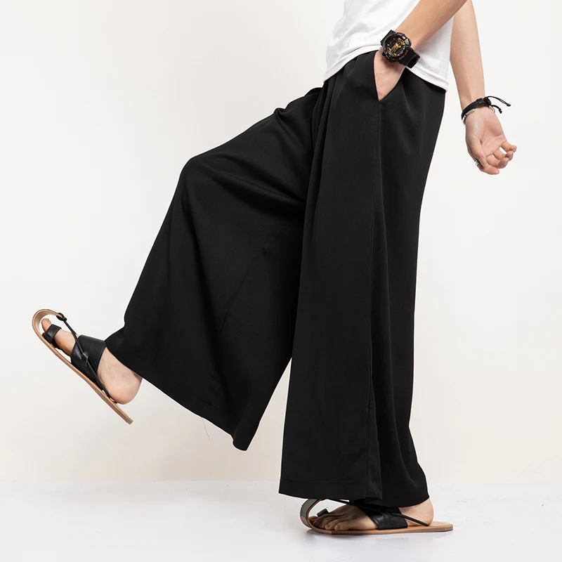 Men Linen Wide Leg Pants Mens Harajuku Streetwear Harem Pants Male Chinese Style HanFu Kongfu Trousers Ankle-Length Pants