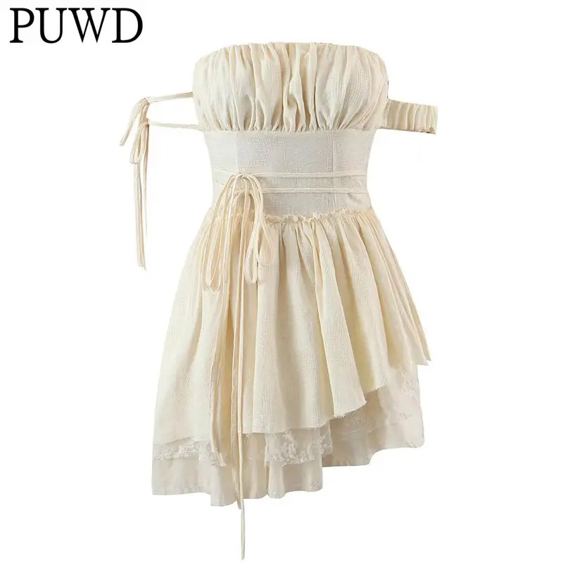 PUWD Women Beige Midi Dress 2022 Spring Fahion Ladies Sleeveless Vintage Ligature Dresses Irregular Hemline Female Dress