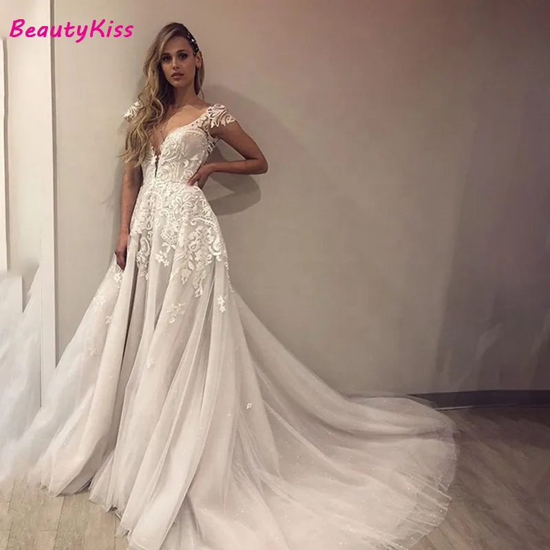 Robe De mariée Sexy en Tulle perlée, dos nu, décolleté plongeant en v, avec des Appliques