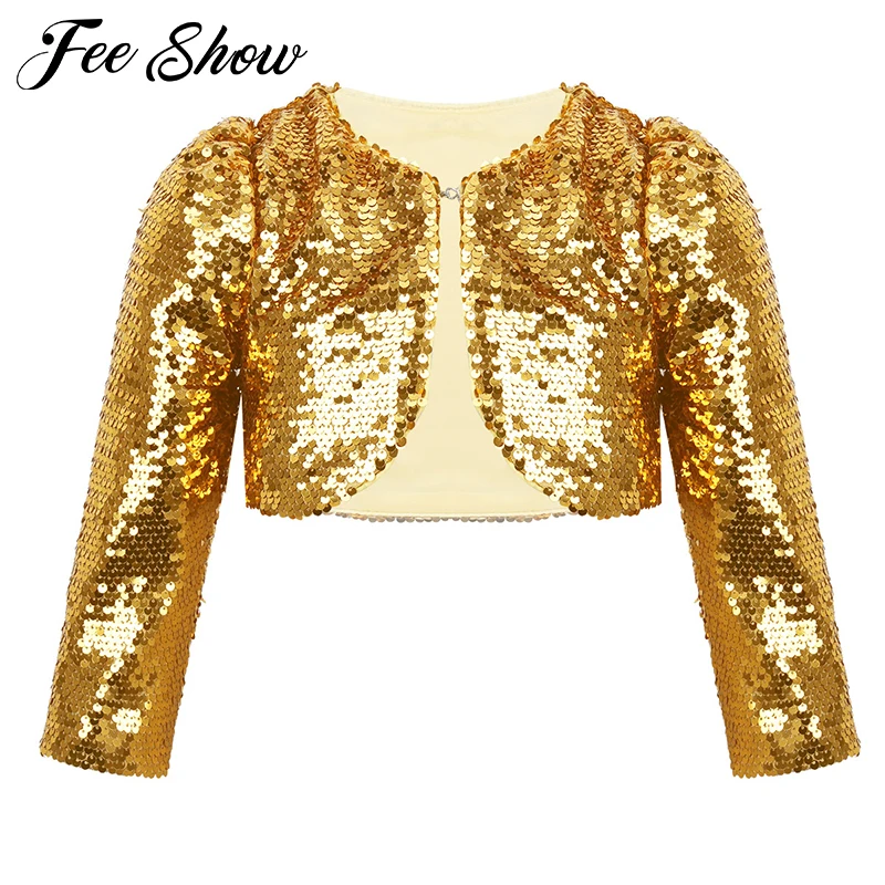 Children Kids Girls Sequins Long Sleeves Blazer Bolero Shrug Short Jacket Birthday Party Stage Performance Jazz Dance Costume