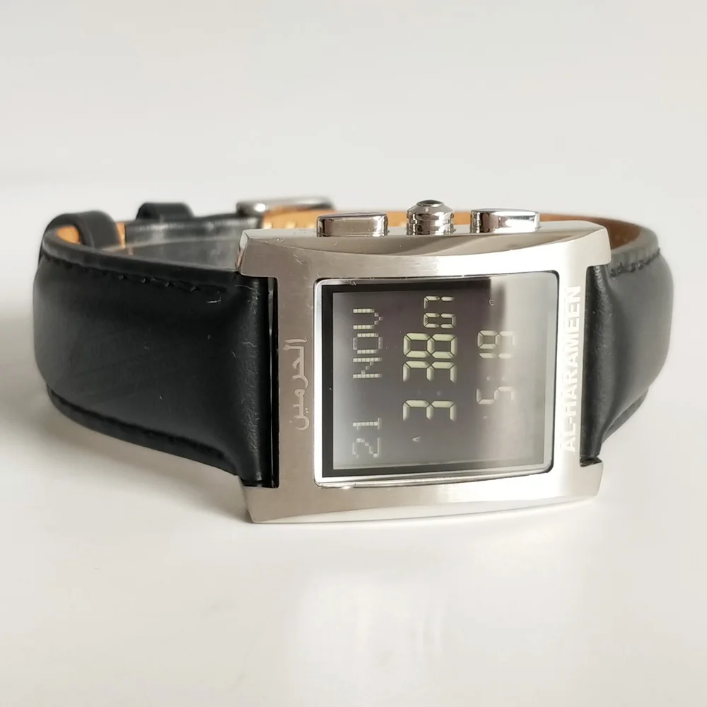 Watch for Muslim with World Prayer Time Qibla Azan Reminder Genuine Leather Stainless Steel Islam Product Ramadan Gift Box