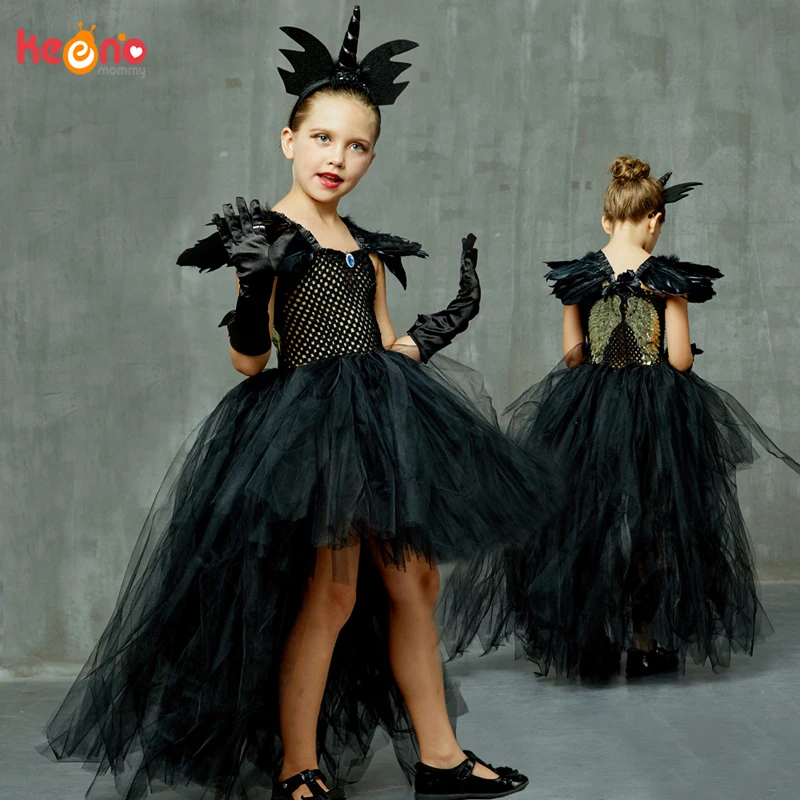 

Black Dark Angel Girls Tutu Dress V-neck Train Girls Pageant Evening Party Ball Gown Fancy Dresses Kids Halloween Witch Costume