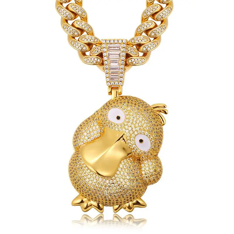 Hip Hop Micro Paved Cubic Zirconia Bling Iced Out Gold Color Duck Pendants Necklaces for Men Rapper Jewelry Drop Shipping