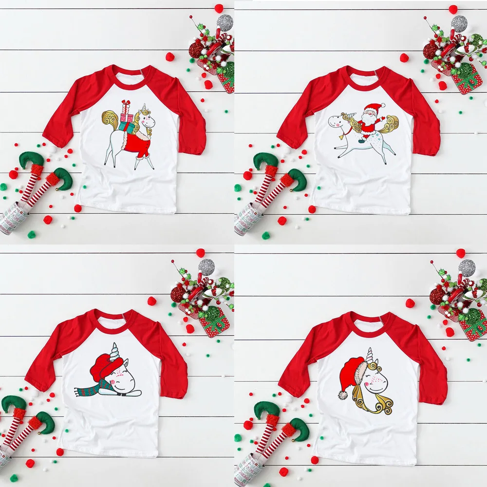 

Unicorn Christmas Raglan T-Shirt Child Holiday Shirts Funny Christmas Girls Boys Merry Christmas Tee Shirt Cute Unicorn Print