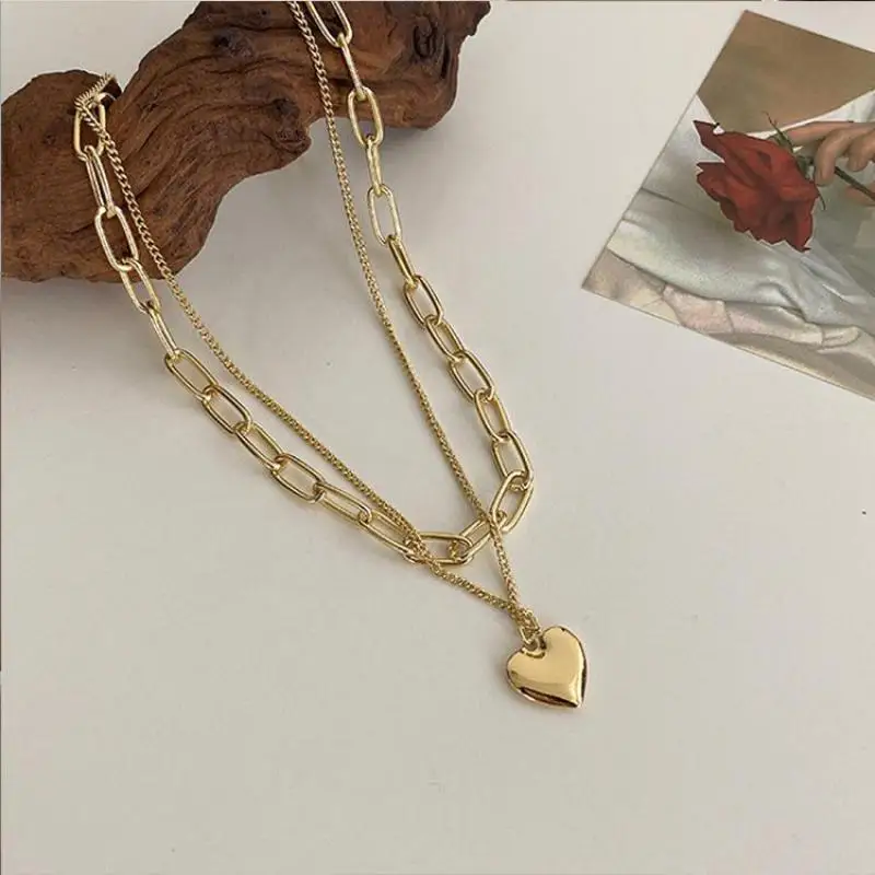 2021 New New Metal Double-layer Necklace Ins Cold Wind Hip-hop Sweater Chain Love Long Pendant Necklace Jewelry Accessories