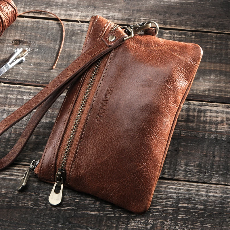 CONTACT'S Genuine Leather Key Ring Case Small Coin Purse Zipper Pocket Multifunction Car Key Chain Keys Organizer Housekeeper