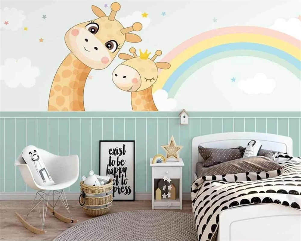 beibehang Custom Nordic hand-painted small fresh giraffe rainbow children's room background wallpaper wall papers home decor