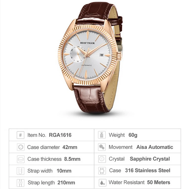 Reloj automático para hombre, relojes de pulsera de lujo para hombre, reloj de pulsera mecánico Reef Tiger para hombre, reloj suizo resistente al agua, reloj clásico