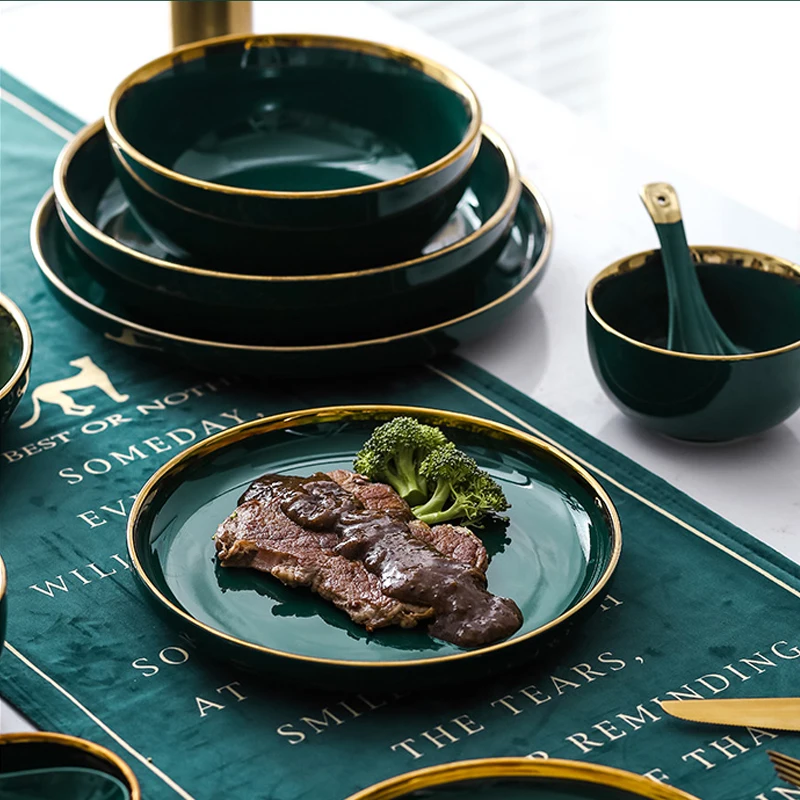 Green Ceramic Gold Inlay Plate Steak Food Plate Nordic Style Tableware Bowl Dessert Dish  Dinner Dish Dinnerware Set Cute Plate