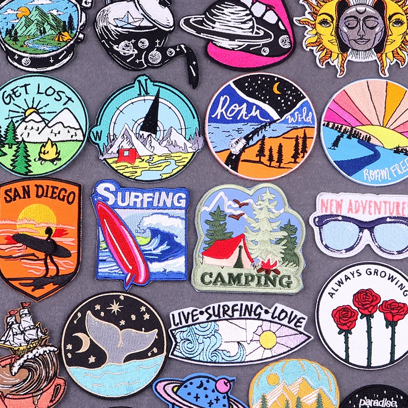 Camping Wilderness Patch Iron On Patches On Clothes Surfing Patch Embroidered Patches For Clothing Stickers DIY Adventure Badges