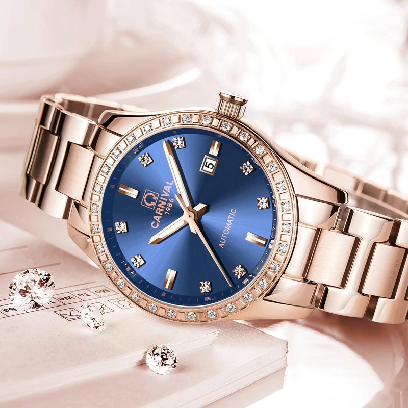 CARNIVAL Brand New Luxury Rose Gold Blue Mechanical Watch for Women Stainless Steel Waterproof Calendar Fashion Womens Watches