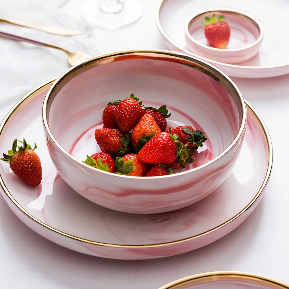 Pink Marble Glazes Ceramic Plate Western Steak Salad Dinner Plates Bowl Tableware Breakfast Dessert Dishes Home Decor Plates